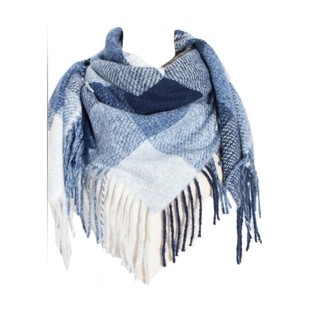 Cozy Blue Plaid Fringe Wrap Scarf - Women